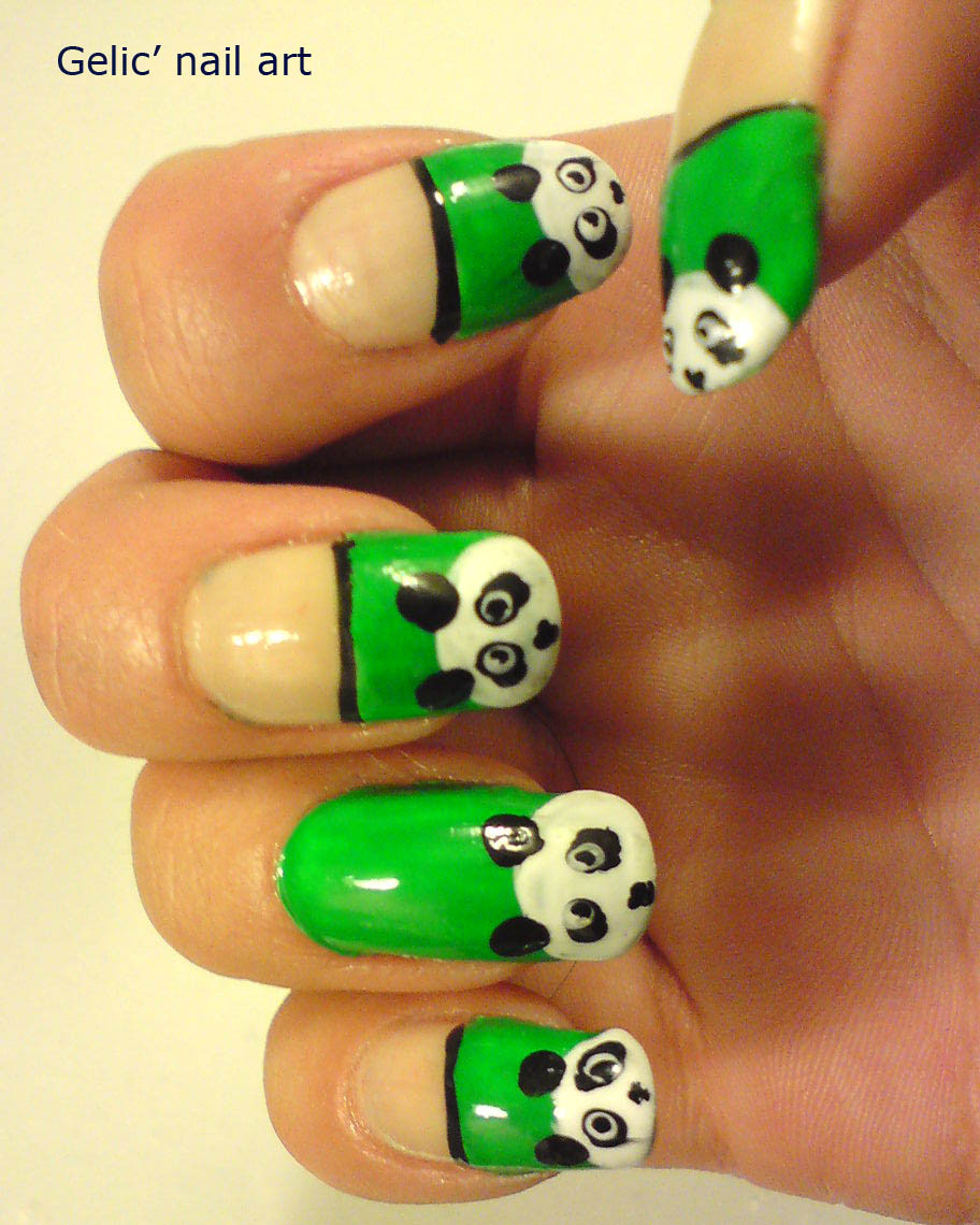 Panda Nail Art
 Gelic nail art Cute panda nail art on green funky french