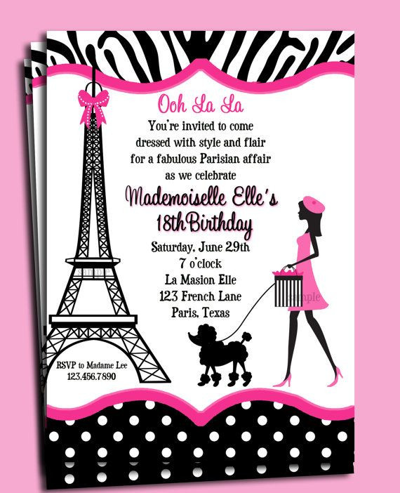 Paris Birthday Invitations
 Paris Invitation Printable or Printed with FREE SHIPPING