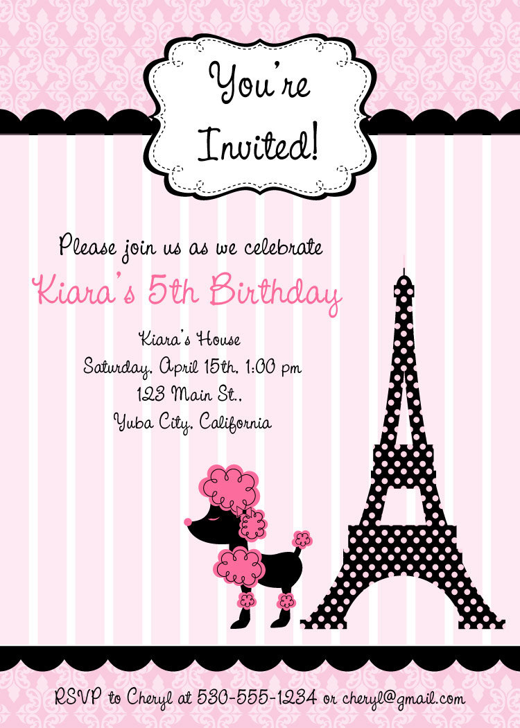 Paris Birthday Invitations
 Pink Poodle In Paris Birthday Invitations Digital File