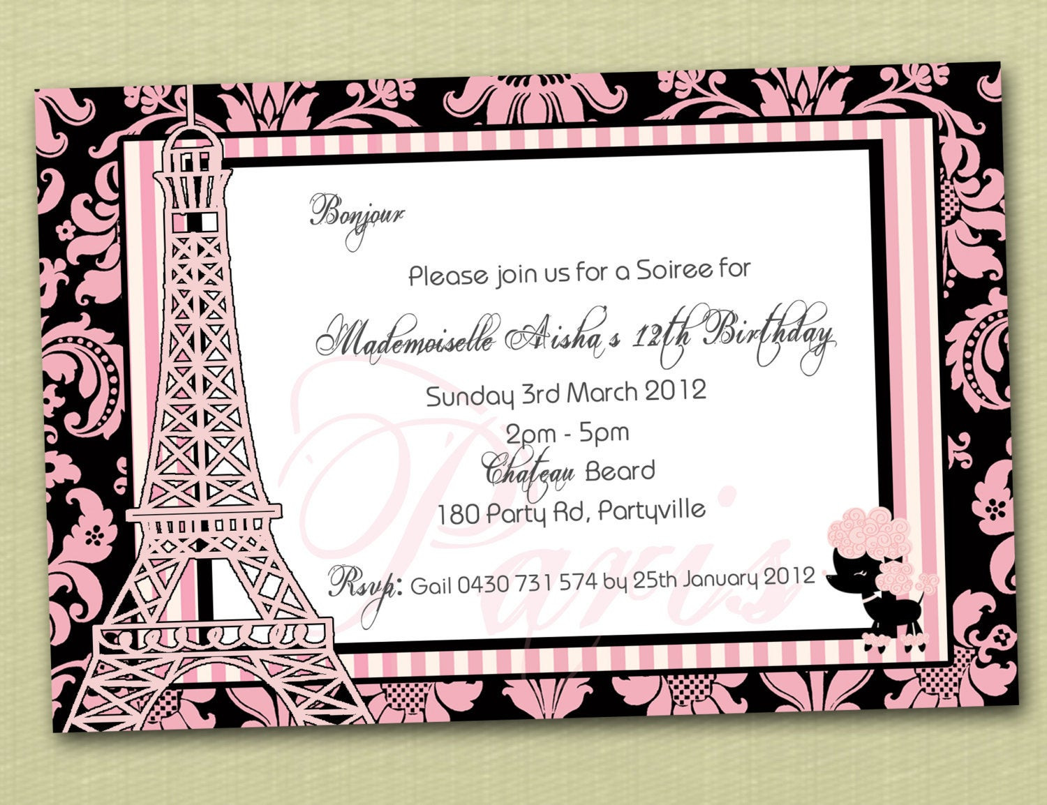 Paris Themed Birthday Invitations
 Paris Themed Personalised Birthday Invitation YOU PRINT