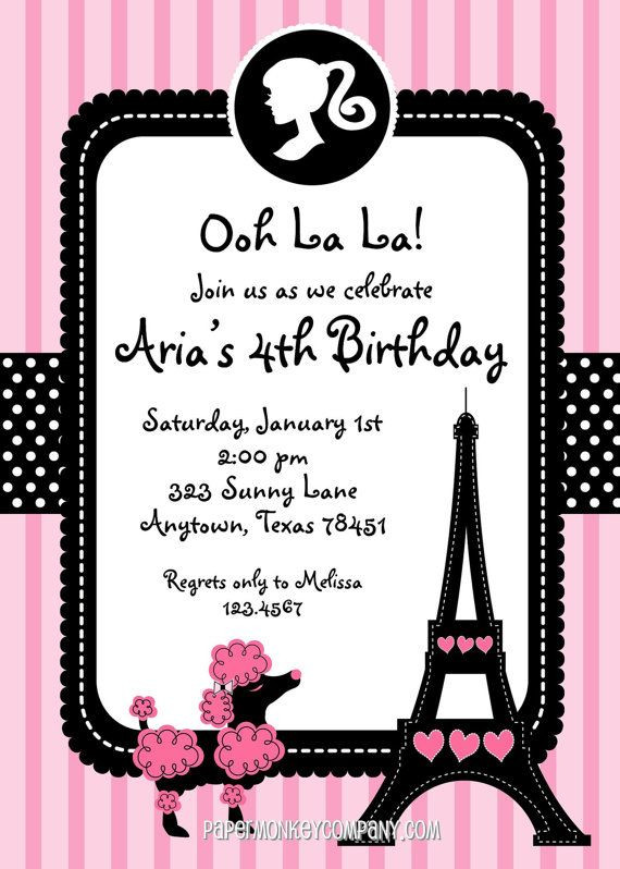 Paris Themed Birthday Invitations
 Custom Printed Pink Paris Poodle Themed Birthday Party