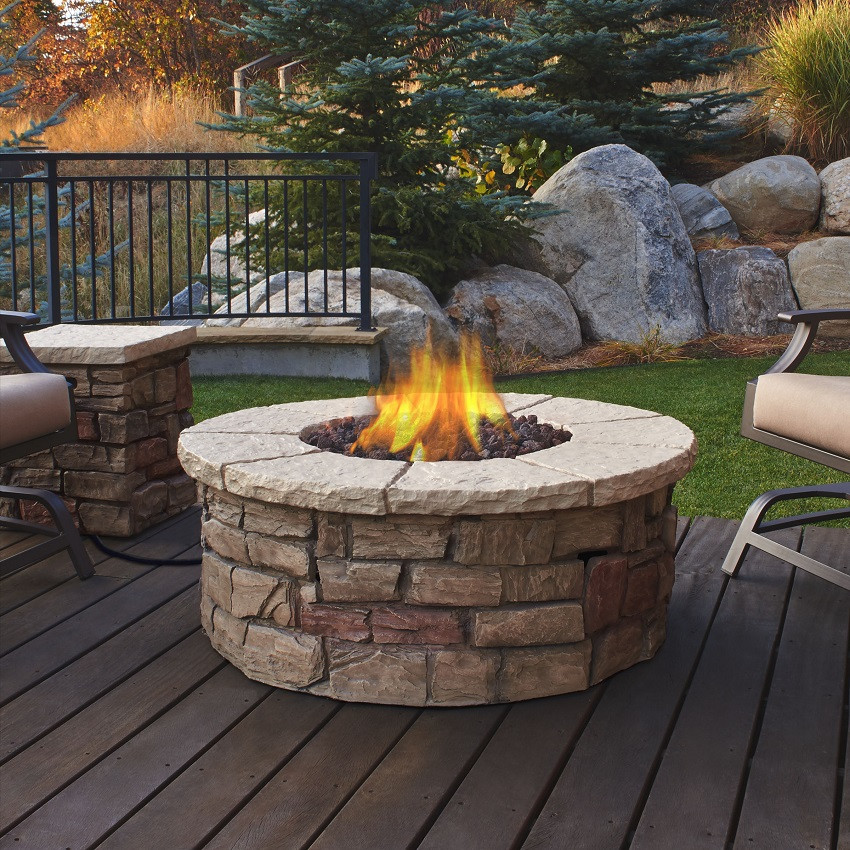 Patio Table With Fire Pit
 47" Buff Beige Sedona Round Outdoor Fire Pit Table