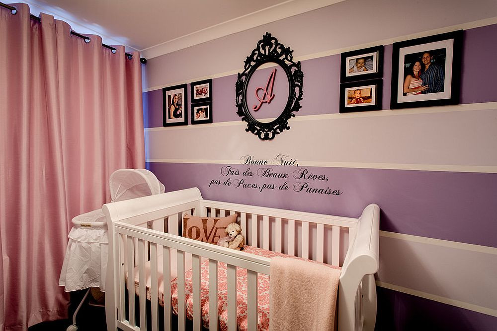 Pink And Purple Kids Room
 Purple and pink baby girl nursery with striped accent wall