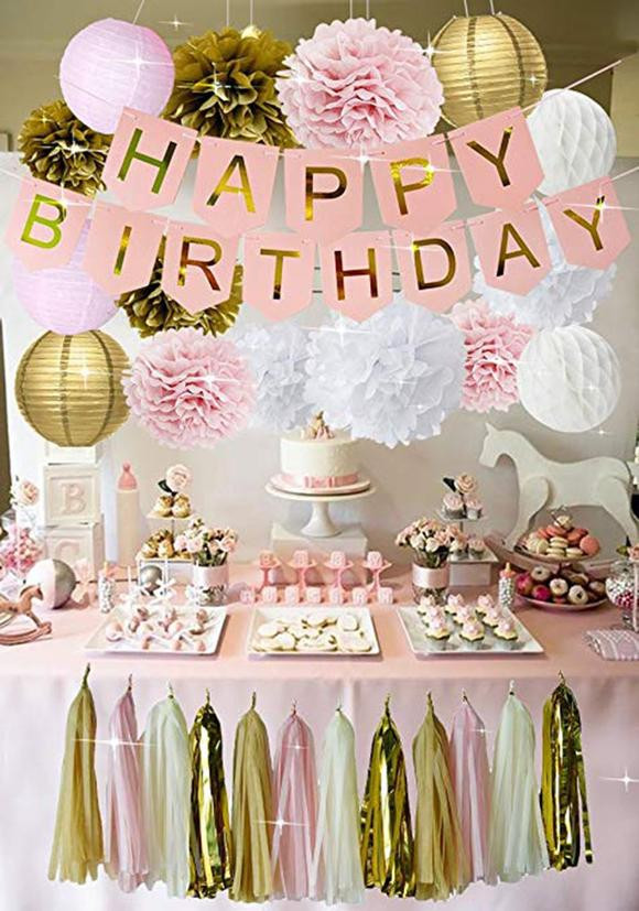 Pink Birthday Party Decorations
 PINK GOLD BIRTHDAY Decorations Pink Birthday Banner