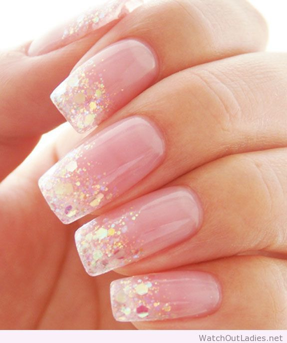 Pink Nails Glitter
 Pretty light pink nails with glitter – Watch out La s