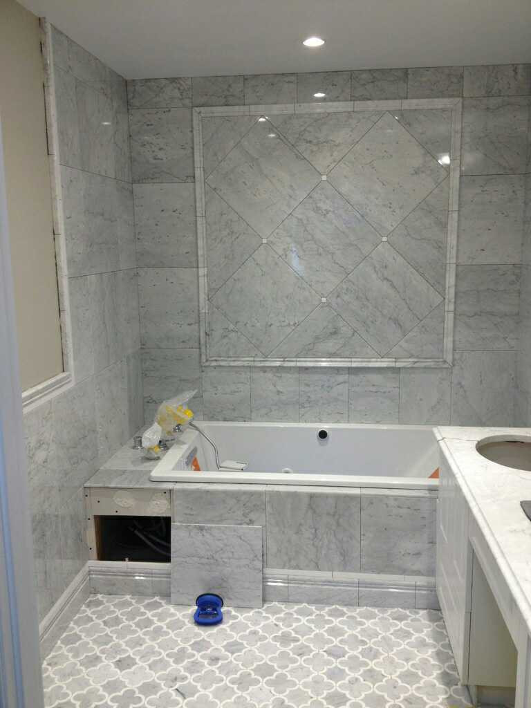 Porcelain Marble Tile Bathroom
 Edmonton Tile Install – White Marble Bathroom