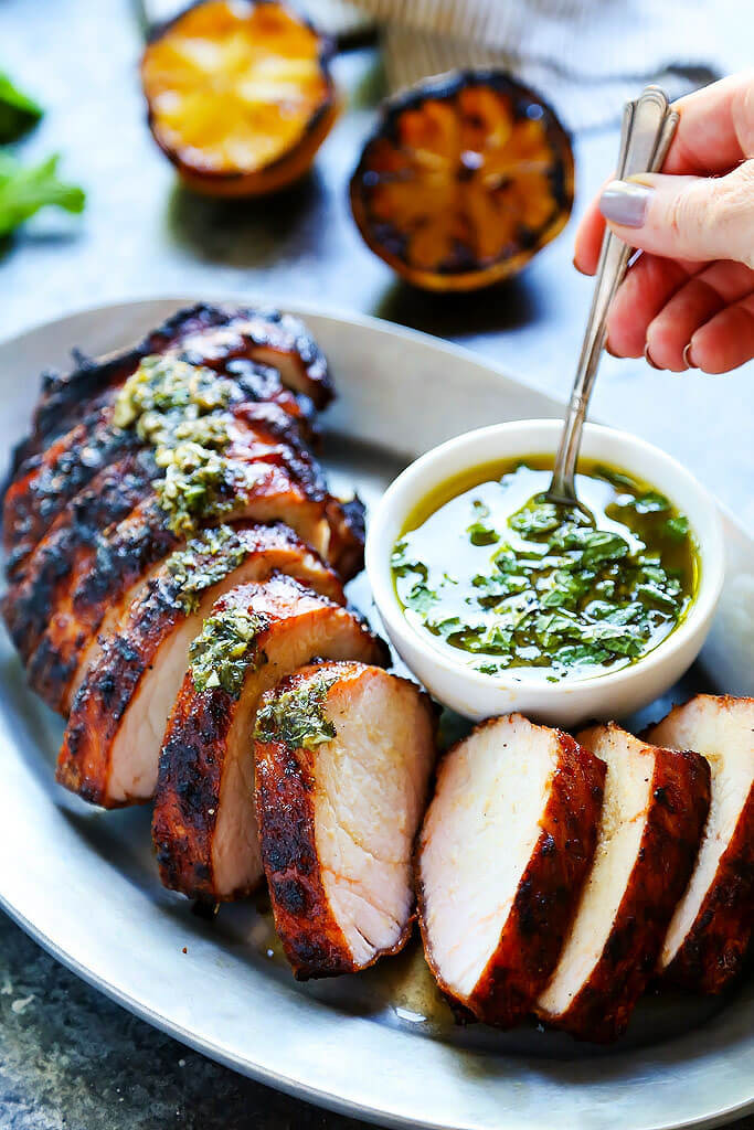 Pork Loin On The Grill
 Grilled Pork Tenderloin with Charred Lemon Chimichurri