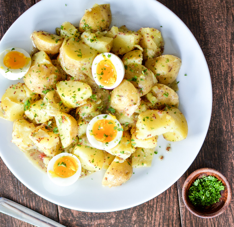 Potato And Egg Salad
 Potato Salad with Soft Boiled Eggs and Maple Mustard