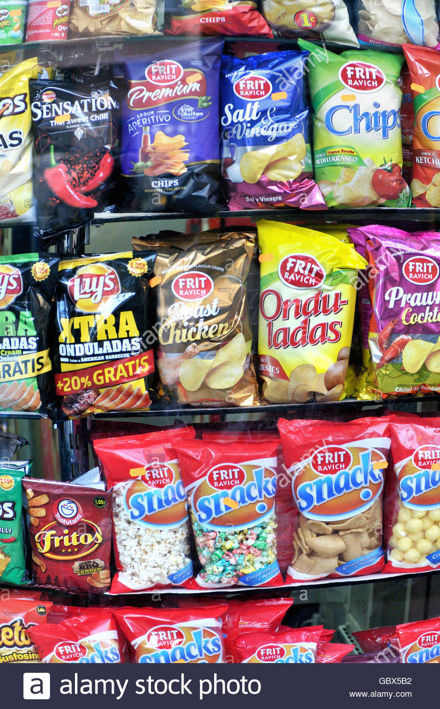 Potato Chips In Spanish
 Snacks and Potato chips in a supermarket Barcelona