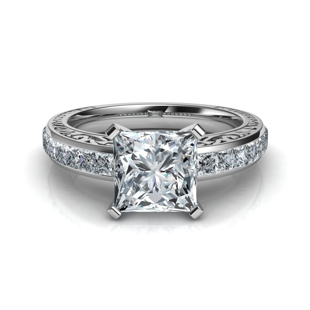 Princess Cut Rings Engagement
 Hand Engraved Vintage Style Princess Cut Engagement Ring