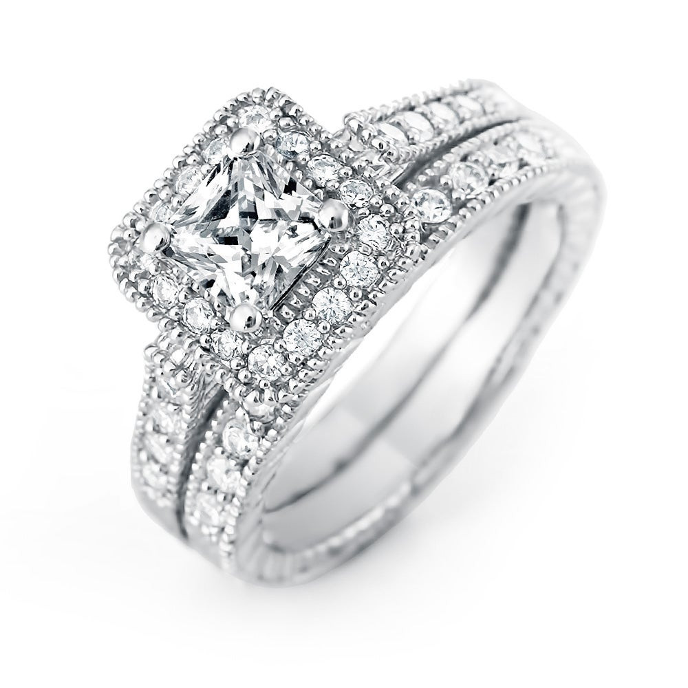 Princess Cut Wedding Rings
 Princess Cut Halo CZ Wedding Ring Set