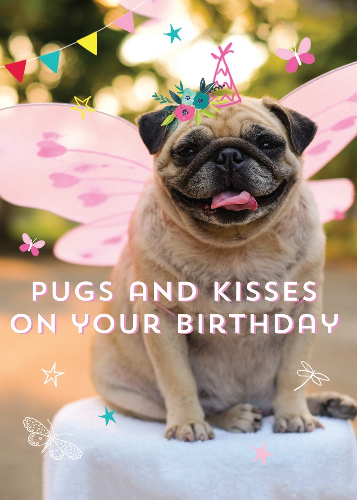 Pug Birthday Cards
 Ling Design Pug in Pink Wings and Hand Drawn Party Hat