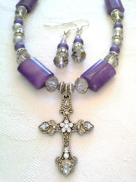 Purple Cross Necklace
 Items similar to Purple Cross Necklace Silver Cross