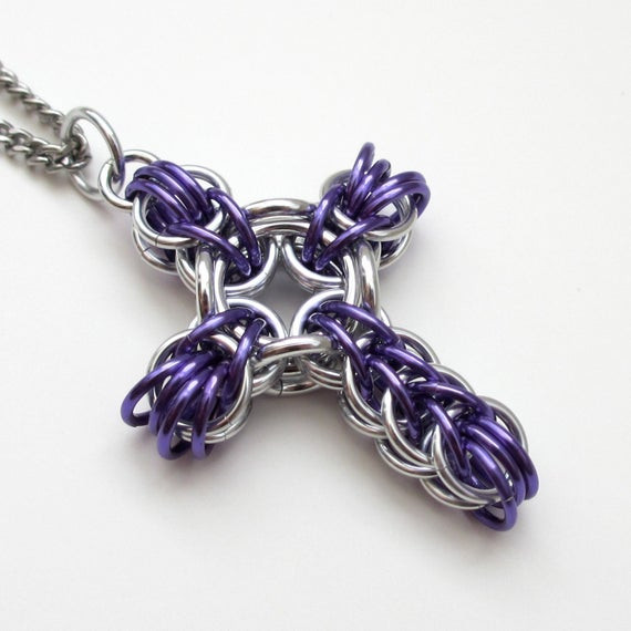 Purple Cross Necklace
 Purple cross pendant chainmail cross necklace religious