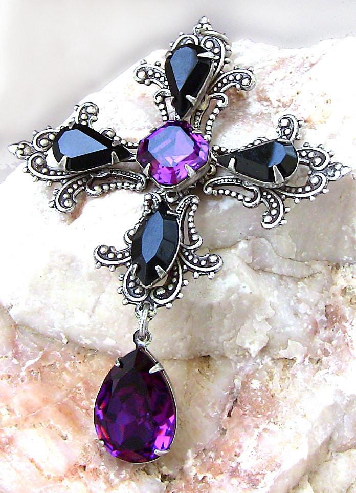 Purple Cross Necklace
 Gothic Cross Necklace Purple and Black Swarovski