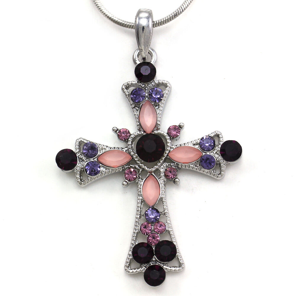 Purple Cross Necklace
 1b Purple Cross Heart Rhinestone Necklace Chain Pendant