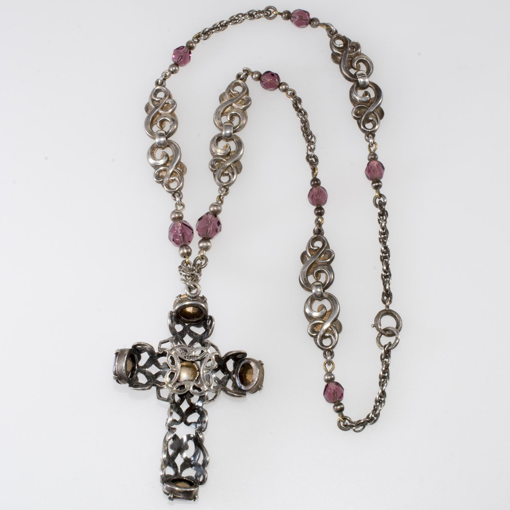 Purple Cross Necklace
 Napier Purple Rhinestone Cross Pendant Necklace 1950s