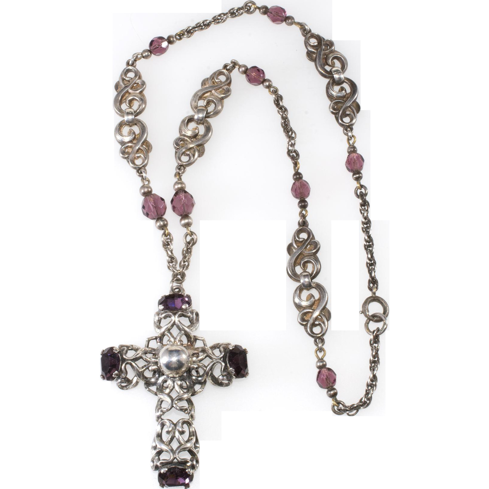 Purple Cross Necklace
 Napier Purple Rhinestone Cross Pendant Necklace 1950s