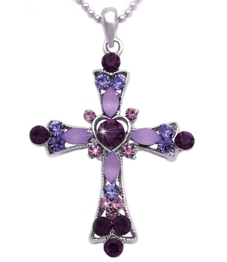 Purple Cross Necklace
 Christian Catholic Purple Crystal Heart Cross Pendant