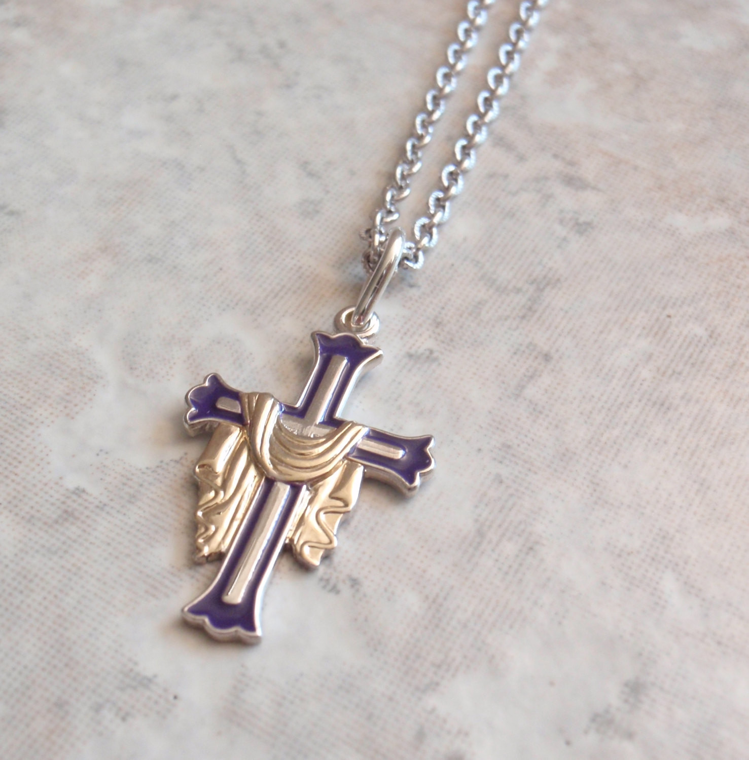 Purple Cross Necklace
 Draped Cross Necklace Purple Gold Sterling Silver 20 Inch