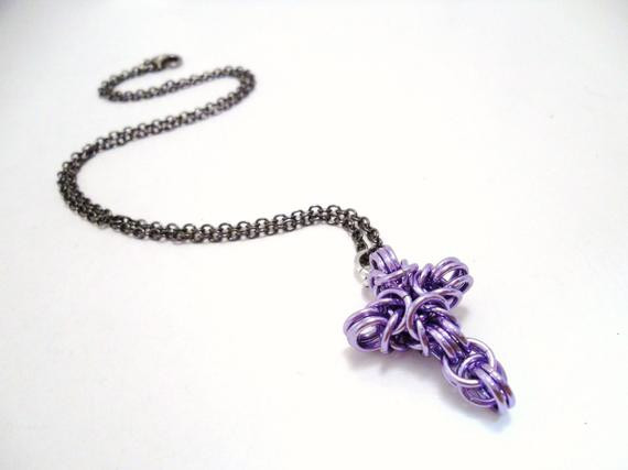 Purple Cross Necklace
 Purple Cross Necklace Chainmail Cross Pendant by