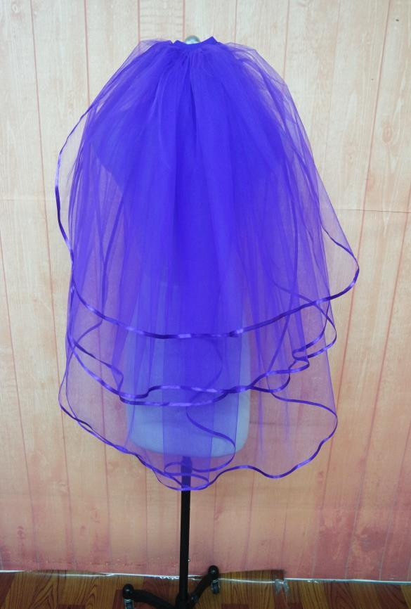 Purple Wedding Veils
 Unique Purple Short Wedding Veils Multi Layers Ribbon Edge