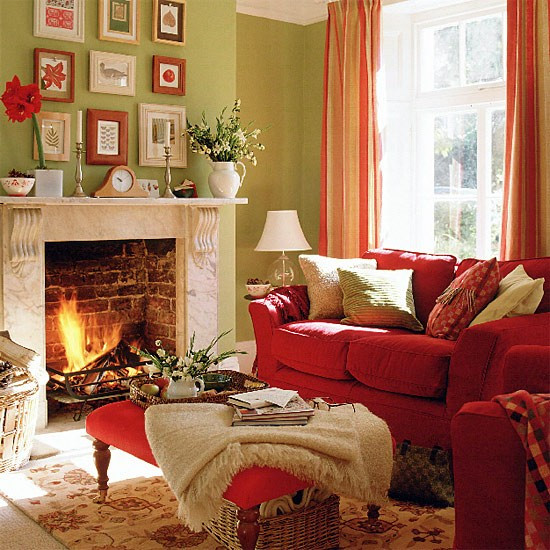 Red Curtains Living Room
 Green living room with red sofa stool and curtains