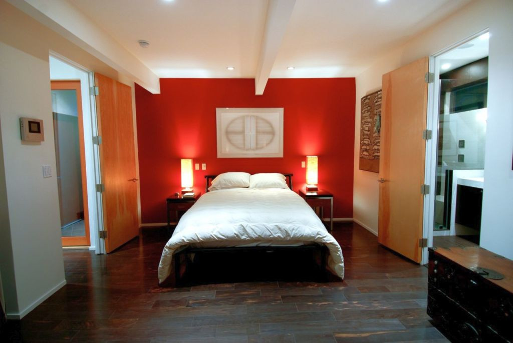 Red Walls Bedroom
 modern mens bedroom with red accent wall