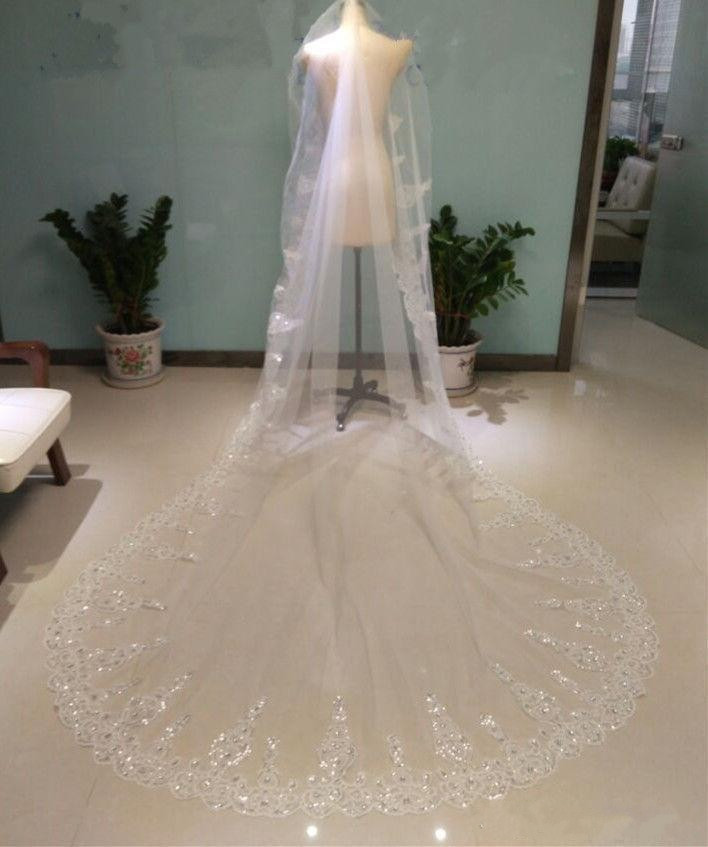 Rhinestone Edge Wedding Veils
 Luxury Shiny Beading Rhinestone Lace Edge Cathedral Length