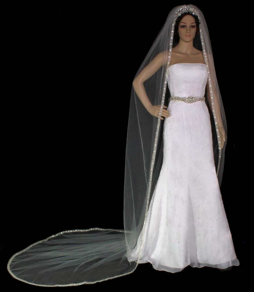 Rhinestone Edge Wedding Veils
 Heavy Rhinestone Beaded Edge Cathedral Wedding Bridal Veil