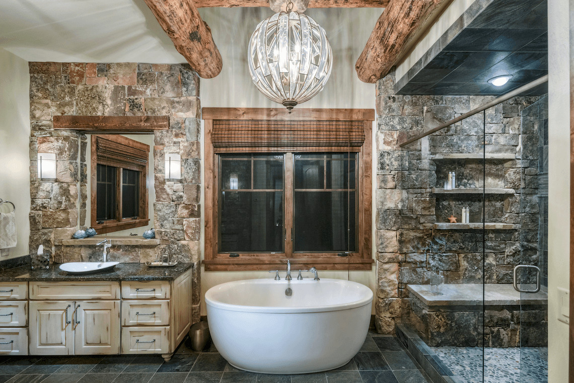 Rustic Master Bathroom
 Mountain Living in Big Sky Montana Beck Allen Cabinetry