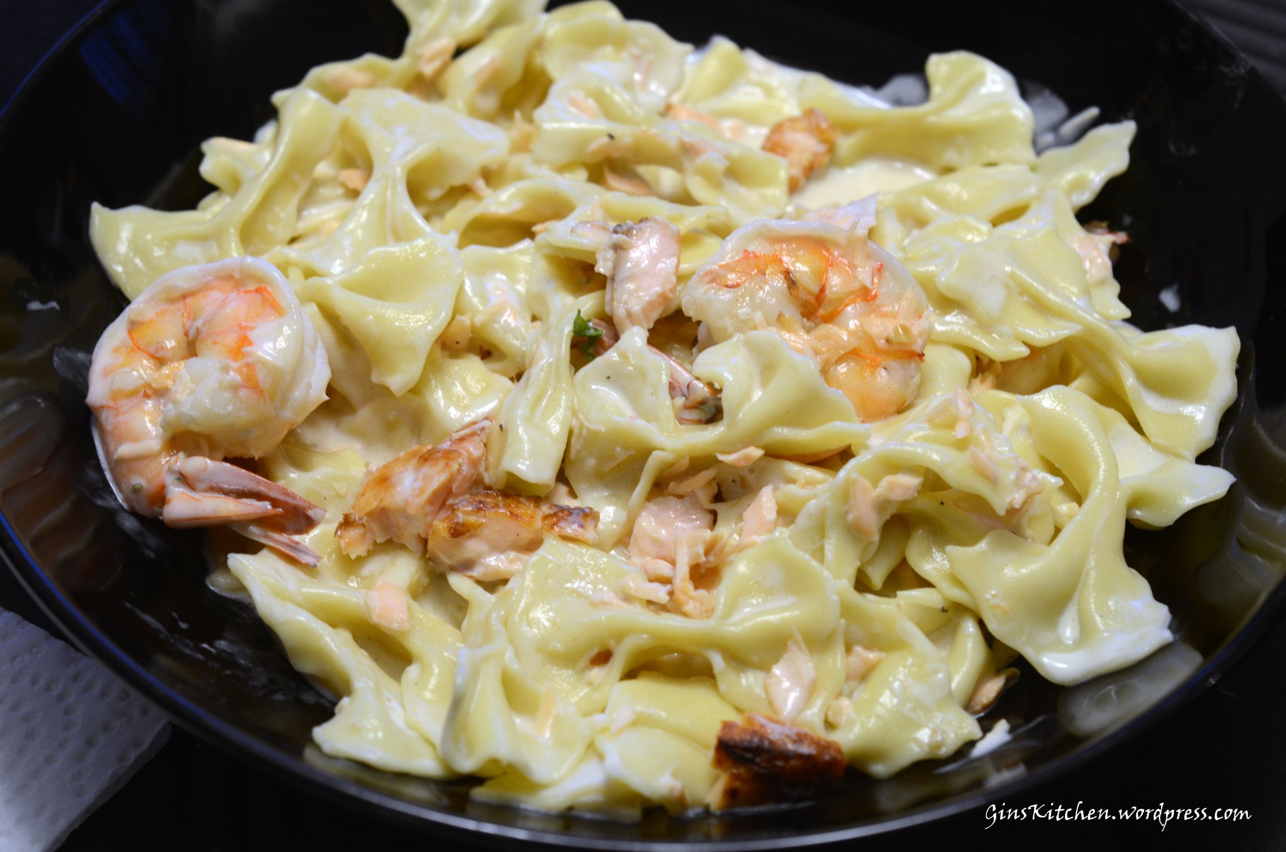 Salmon And Shrimp Pasta
 Bow Tie Pasta with Salmon and Shrimp in White Sauce