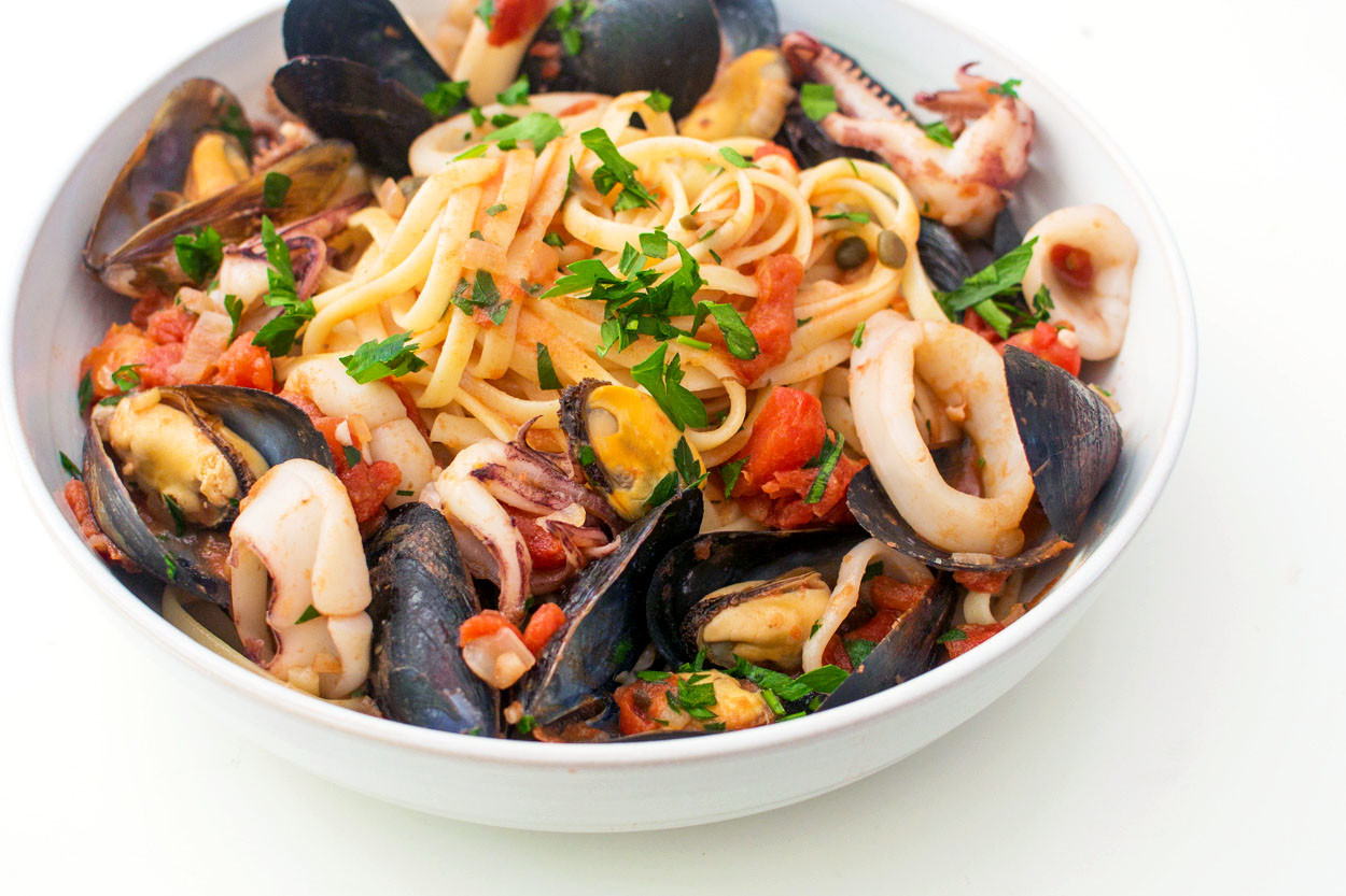 Salmon And Shrimp Pasta
 Italian Seafood Pasta with Mussels and Calamari [recipe