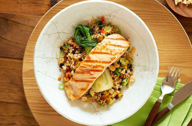 Salmon Brown Rice
 Grilled salmon with brown rice salad Healthier Happier