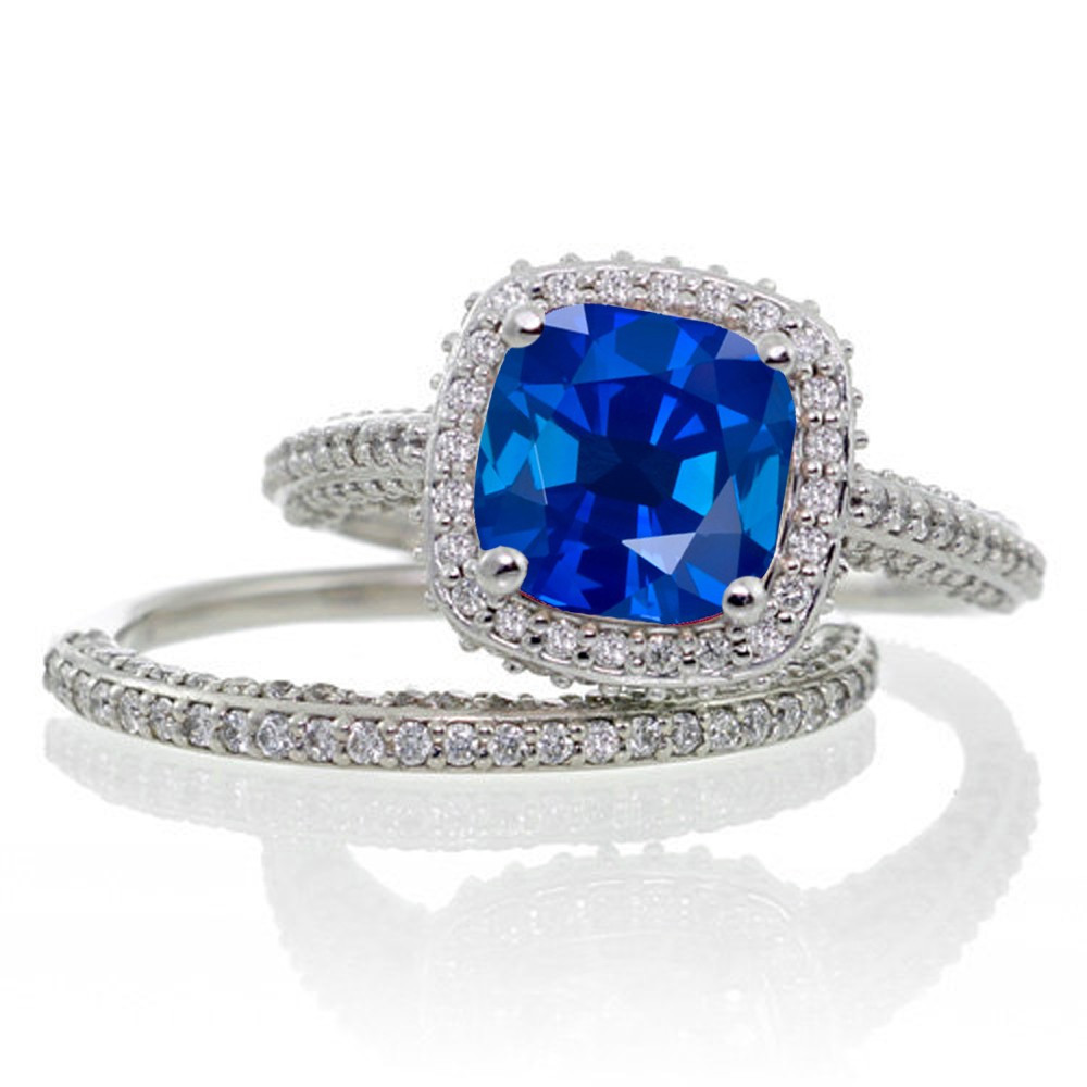 Sapphire Wedding Ring
 2 5 Carat Cushion Cut Designer Sapphire and Diamond Halo