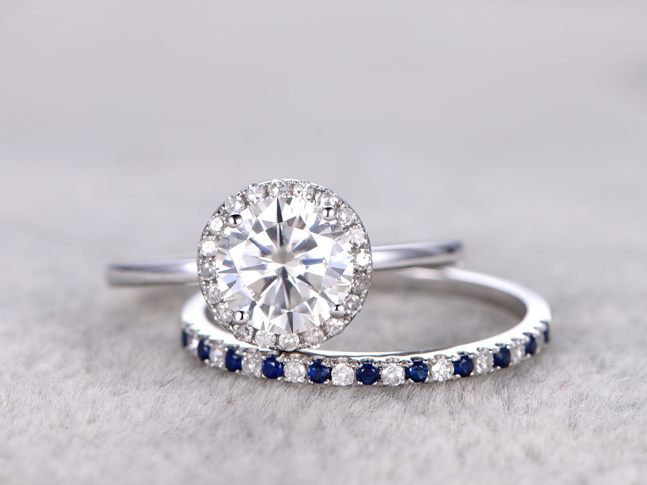 Sapphire Wedding Ring
 Moissanite Round Bridal set sapphire wedding ring