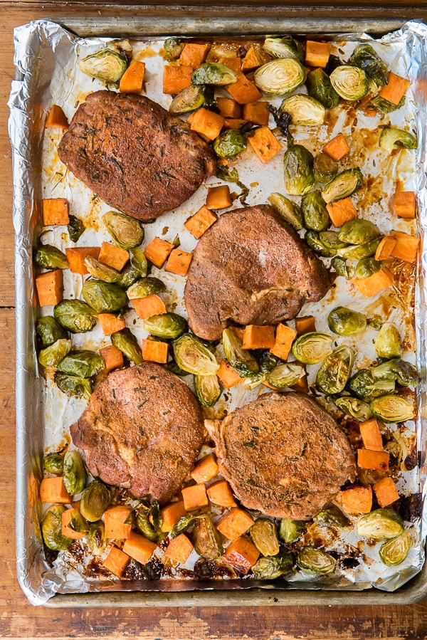 Sheet Pan Pork Chops And Potatoes
 Spicy Baked Pork Chops with Brussels Sprouts & Sweet Potatoes