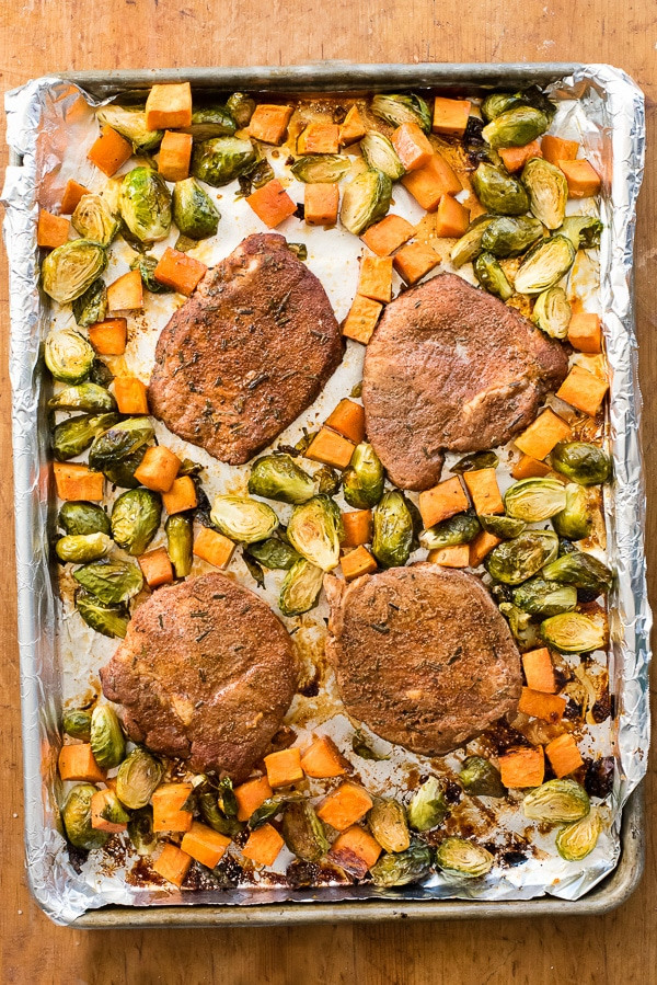 Sheet Pan Pork Chops And Potatoes
 Spicy Baked Pork Chops with Brussels Sprouts & Sweet Potatoes