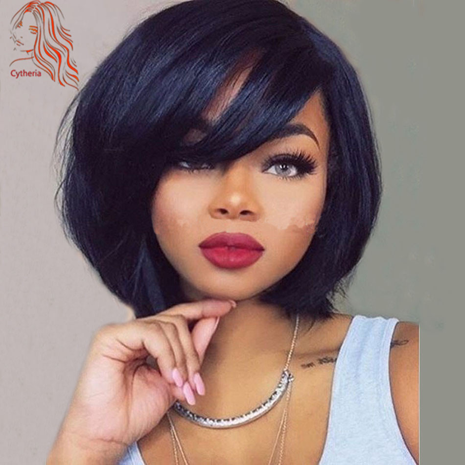 Short Black Hairstyle Wigs
 8A 180Density Short Human Hair Wigs With Bangs For Black