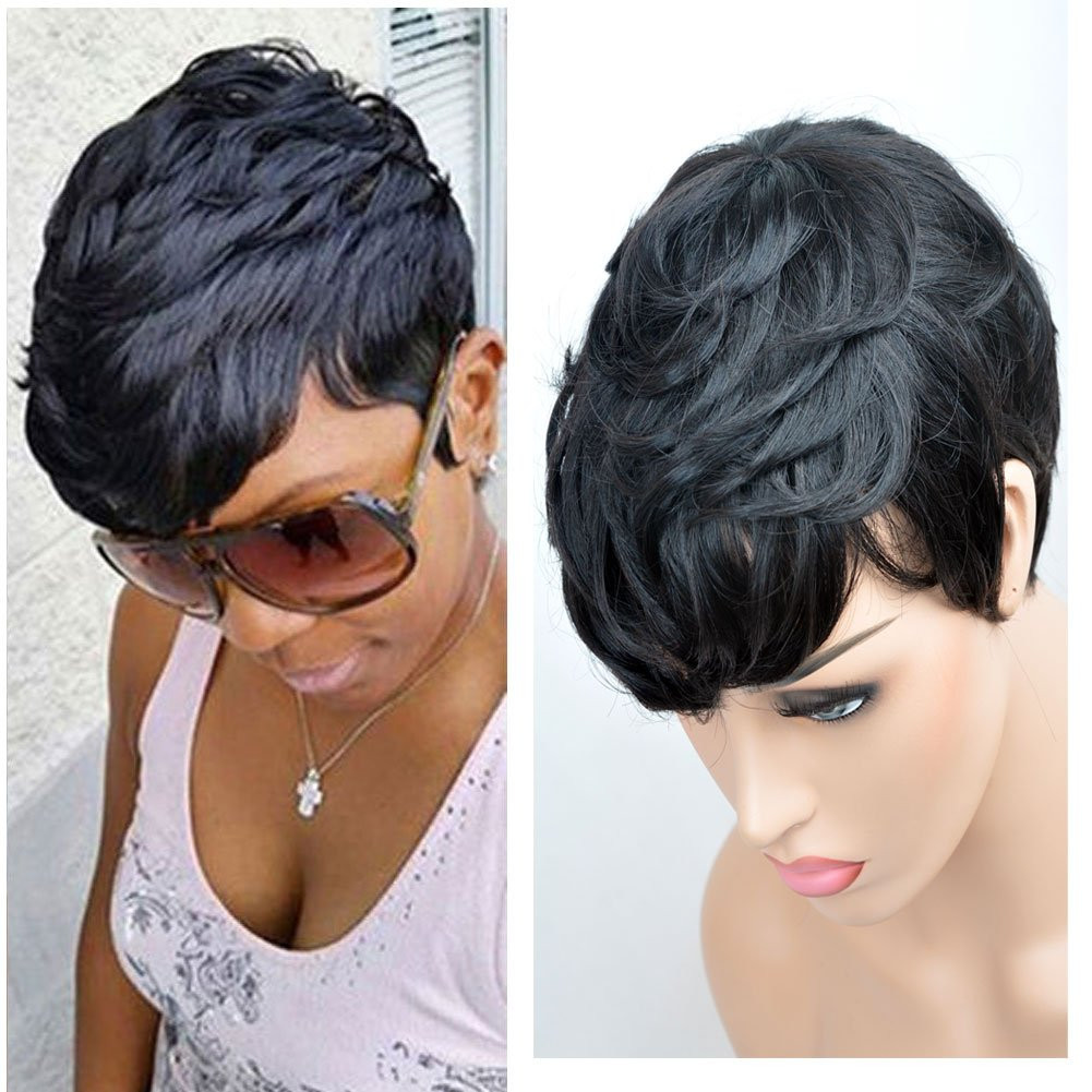 Short Black Hairstyle Wigs
 SeaSense Short Layered Wavy Human Hair Black Cute Natural