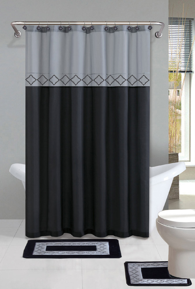 Shower Curtains Bathroom Sets
 Gray Black Modern Shower Curtain 15 Pcs Bath Rug Mat