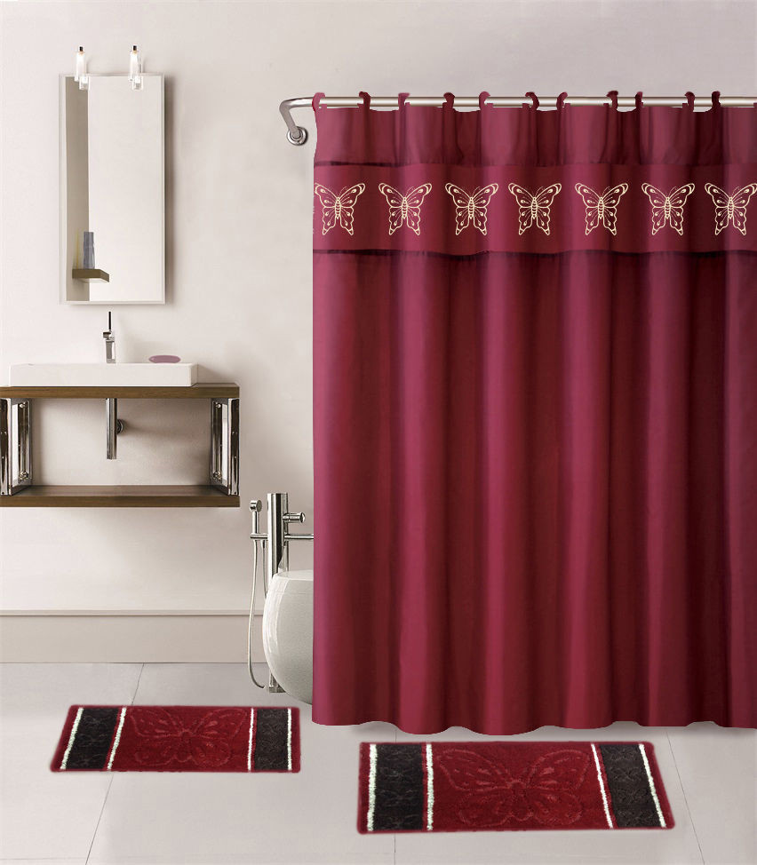 Shower Curtains Bathroom Sets
 15PC BURGUNDY BUTTERFLY BATHROOM SET BATH MATS SHOWER