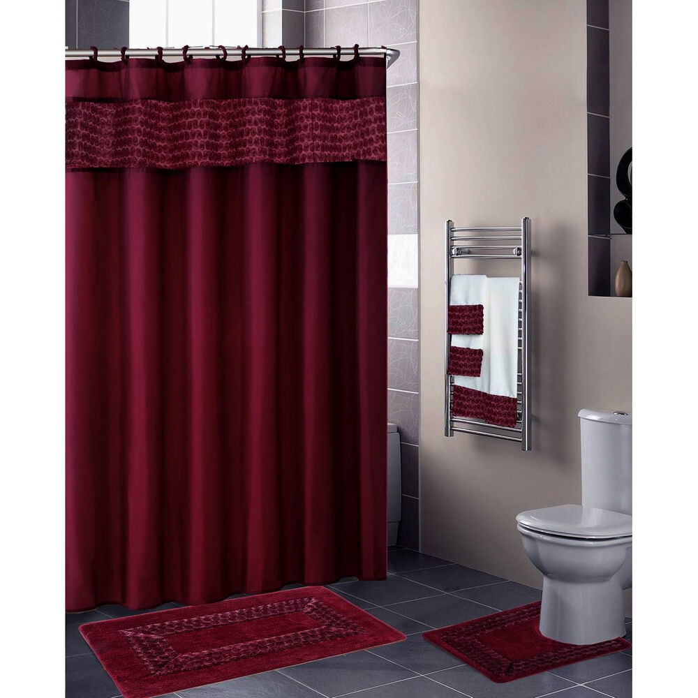 Shower Curtains Bathroom Sets
 BURGUNDY 18 pc Bathroom Set 2 Rugs Mats 1 Fabric Shower