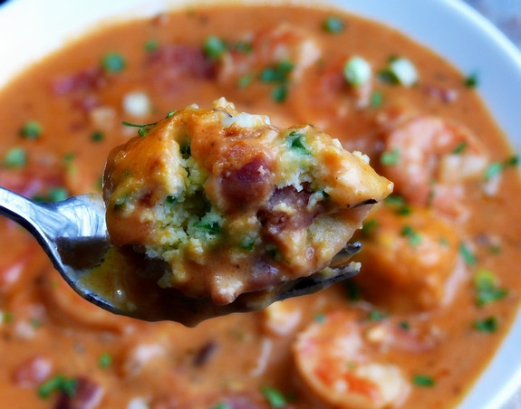 Shrimp Creole Soup
 Creamy Shrimp Creole Soup with Bacon Cornmeal Dumplings