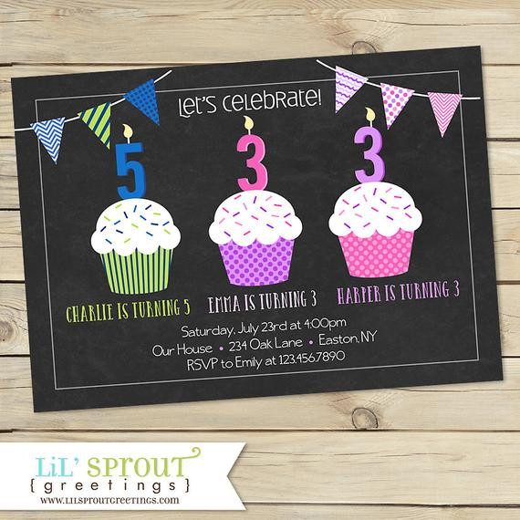 Sibling Birthday Party Invitations
 Sibling Triple Birthday Party Invitation Cupcake and