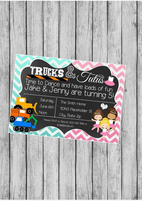 Sibling Birthday Party Invitations
 Twin or Sibling Birthday Party Invite Trucks by CreativeKittle