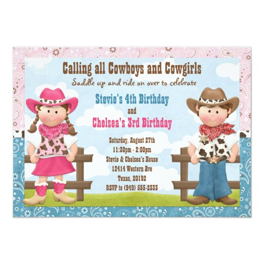 Sibling Birthday Party Invitations
 Cowboy and Cowgirl Joint Sibling Birthday Party Invitation