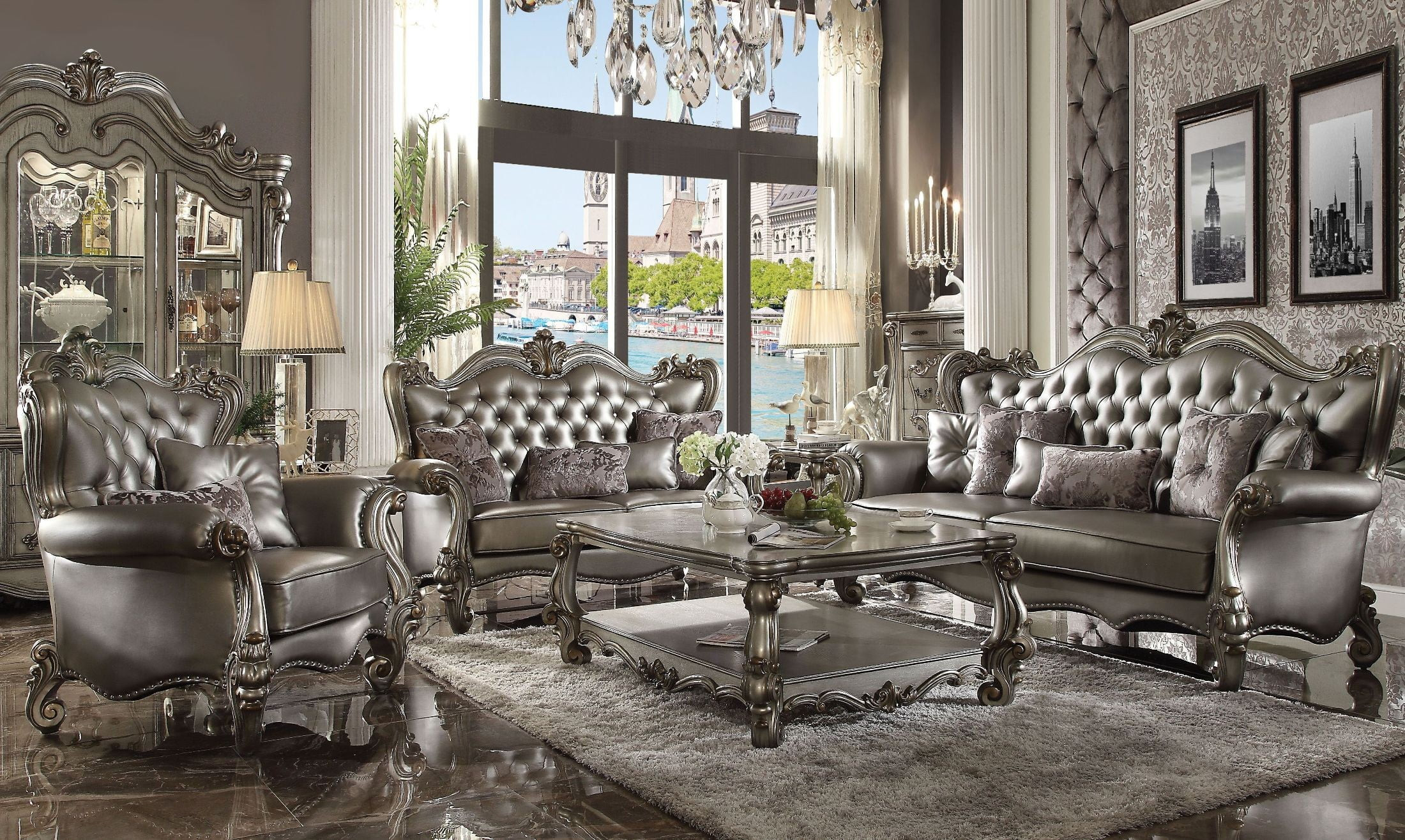 Silver Living Room Tables
 Versailles Silver Antique Platinum Living Room Set from