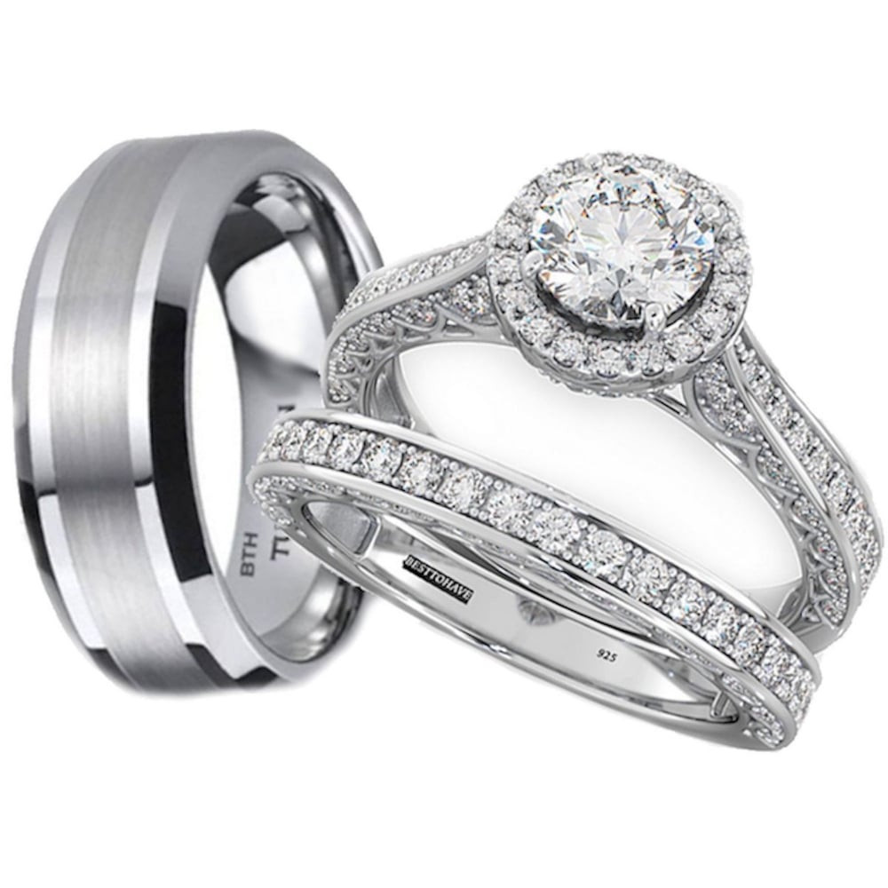 Silver Wedding Ring Sets
 His and Hers Tungsten 925 Sterling Silver Wedding