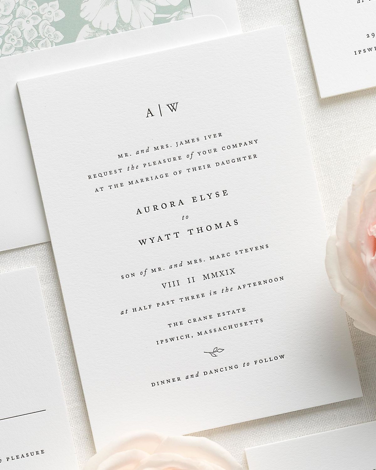 Simple Wedding Invitation Wording
 Simple Serif Wedding Invitations with a Green Floral Liner